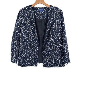 Pendleton Womens Navy Geometric Print Open Front Blazer Jacket Size 12 Silk